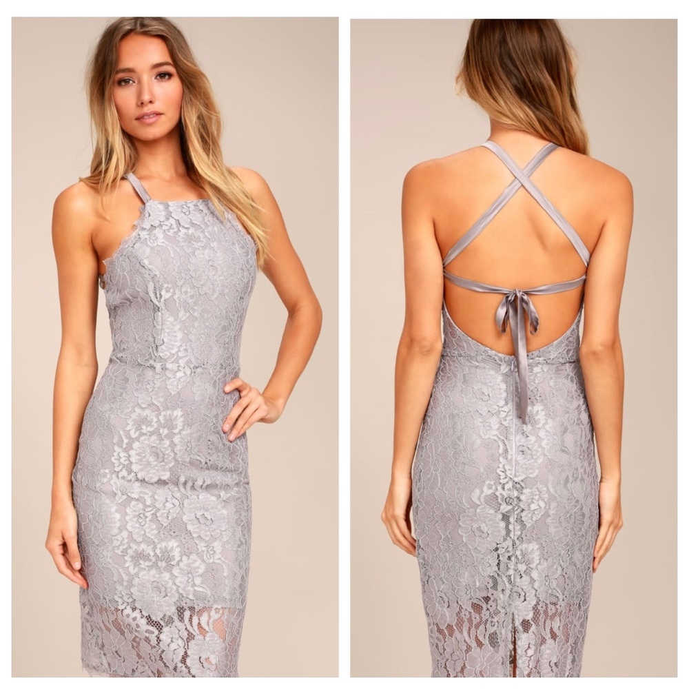 Lulus Grey Lace Midi Bodycon Dress